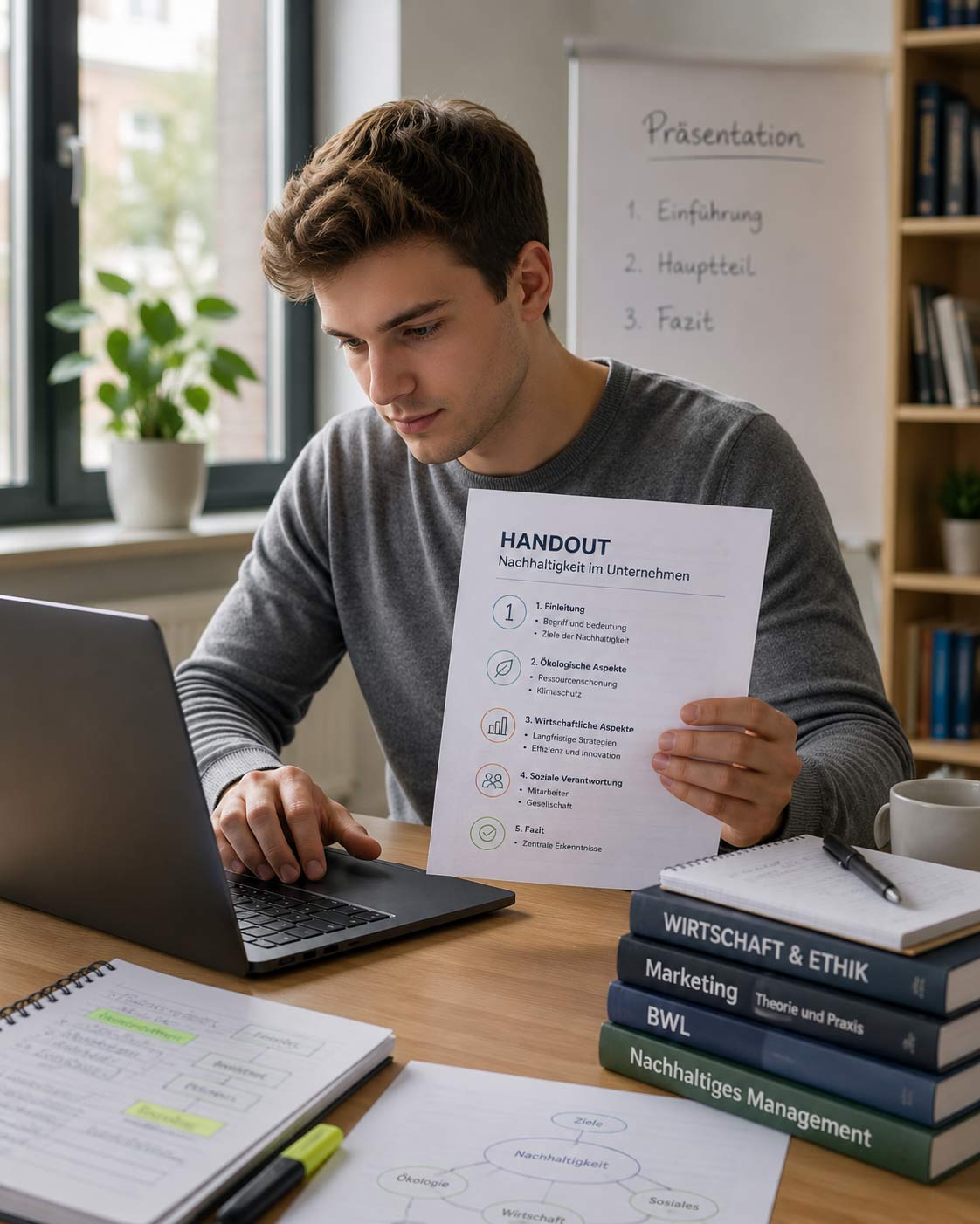 Student erstellt ein wissenschaftliches Handout am Laptop für Referat, Seminar oder Präsentation im Studium
